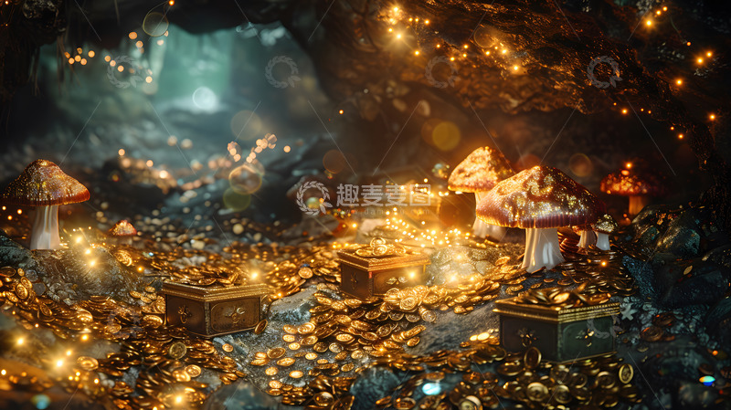 高清大图下载【趣麦麦图】宝藏洞穴金色蘑菇奇幻场景壁纸