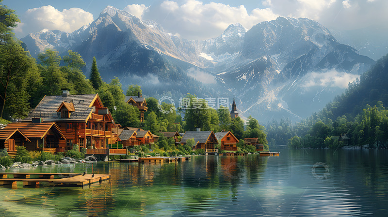 高清大图下载【趣麦麦图】山湖旁的木屋村庄风景