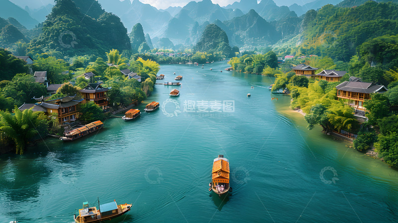高清大图下载【趣麦麦图】山水间的河上船只与中式建筑