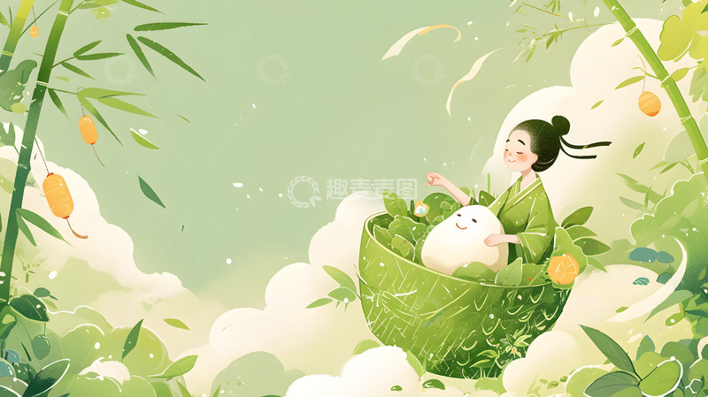 高清大图下载【趣麦麦图】绿色背景竹林仙女与小动物插画壁纸