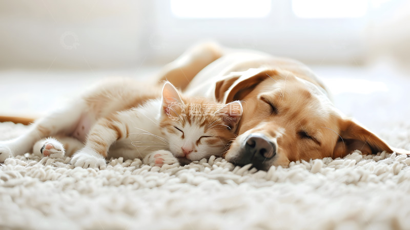 高清大图下载【趣麦麦图】小狗和小猫在地毯上睡觉