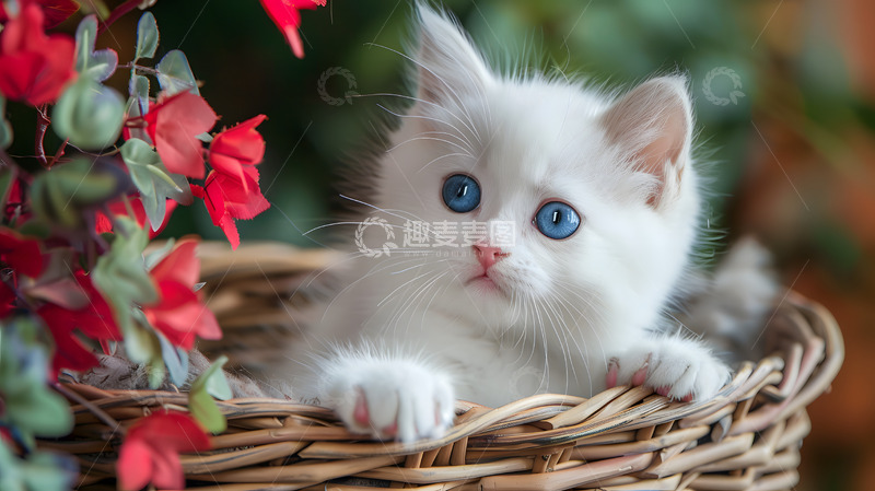 高清大图下载【趣麦麦图】在篮子里面的小白猫摄影图