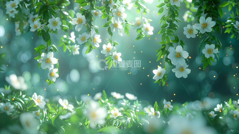 高清大图下载【趣麦麦图】白色花朵在绿叶中的梦幻春季壁纸