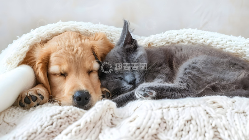 高清大图下载【趣麦麦图】小狗和小猫在一起睡觉摄影图