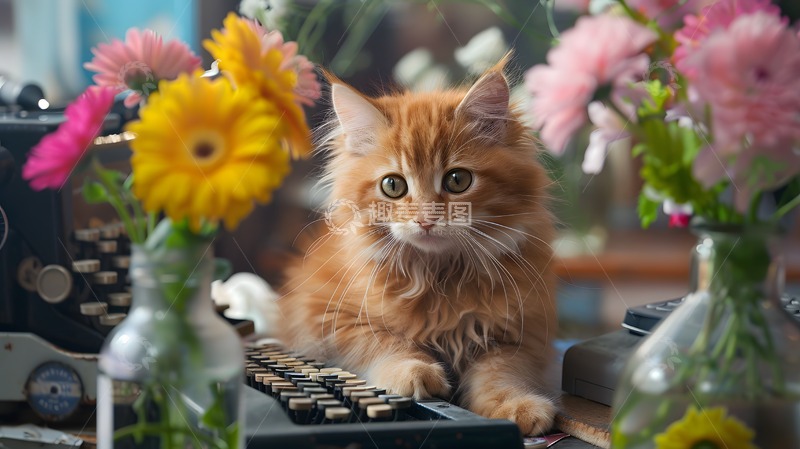 高清大图下载【趣麦麦图】橙色长毛猫与复古打字机和鲜花静物壁纸