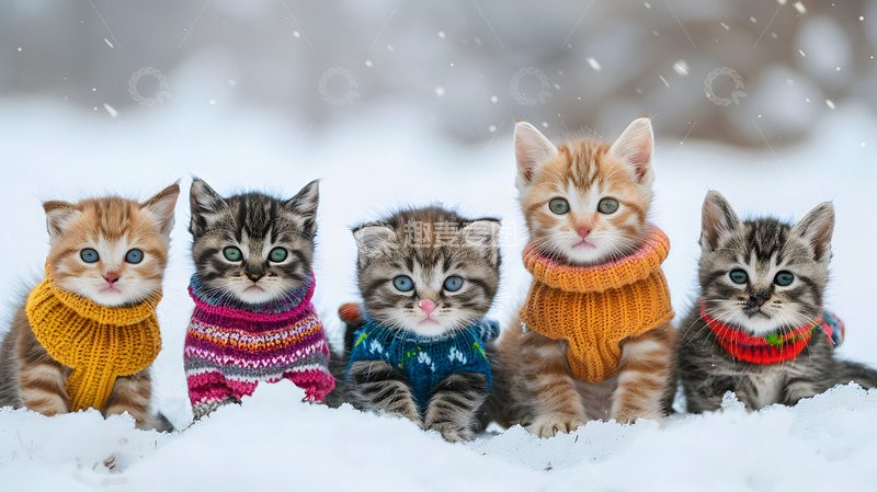 高清大图下载【趣麦麦图】五只猫在雪地里面摄影图