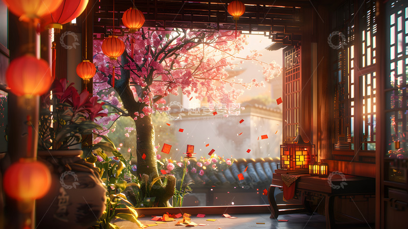 高清大图下载【趣麦麦图】古典庭院樱花盛开红灯笼春日景色壁纸