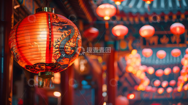 高清大图下载【趣麦麦图】传统红色龙灯笼中国古典街道夜景壁纸