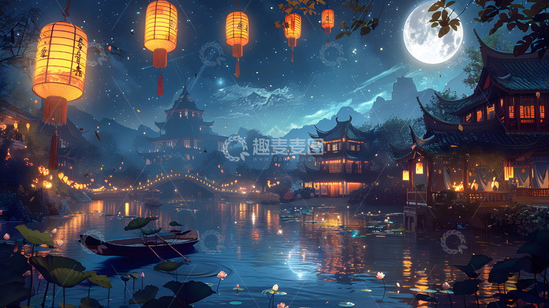 高清大图下载【趣麦麦图】月夜水乡灯笼流光中国古典风景壁纸