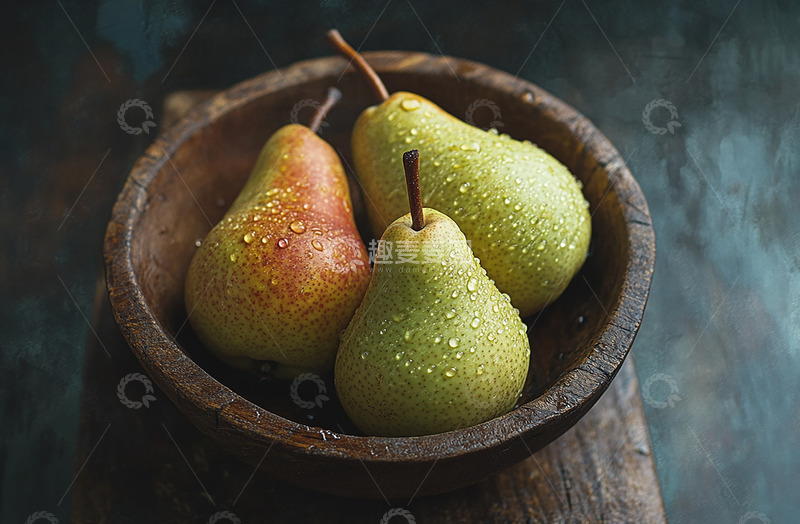 高清大图下载【趣麦麦图】一个木碗里装着的梨摄影图