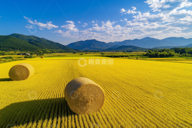 高清大图下载【趣麦麦图】丰收成捆收割的干草卷AI摄影图