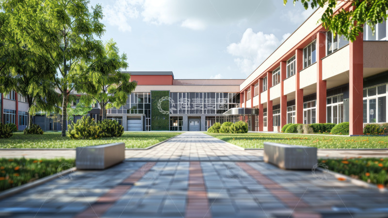 高清大图下载【趣麦麦图】绿茵环绕的现代教学楼
