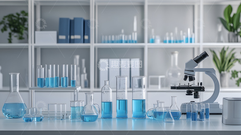 高清大图下载【趣麦麦图】装满蓝色液体的实验室烧杯与显微镜