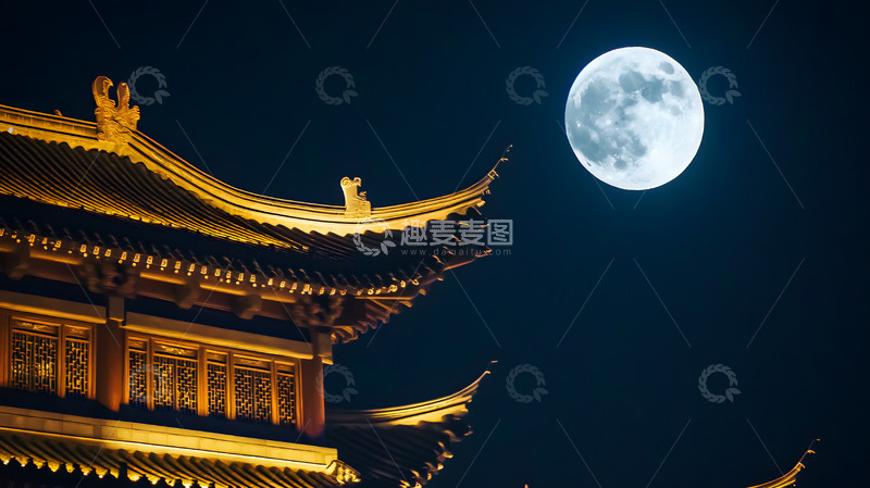 高清大图下载【趣麦麦图】中国古建筑与满月夜景