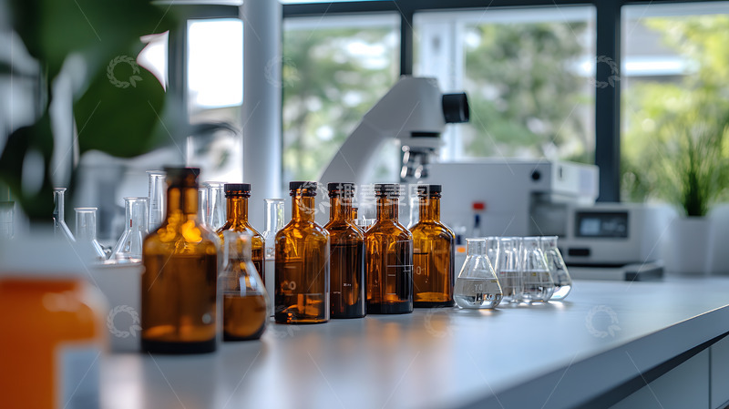 高清大图下载【趣麦麦图】实验室中棕色玻璃瓶与显微镜设备