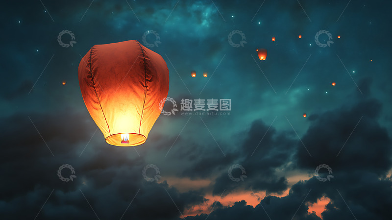 高清大图下载【趣麦麦图】飞行的孔明灯节日