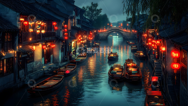 高清大图下载【趣麦麦图】中国水乡夜景红灯笼