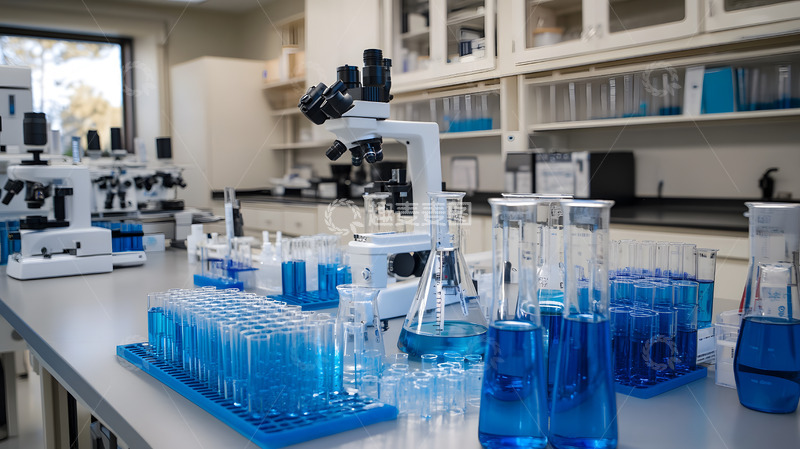 高清大图下载【趣麦麦图】实验室显微镜与装满蓝色液体的试管