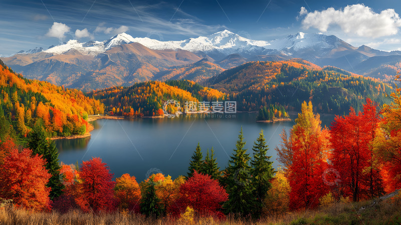高清大图下载【趣麦麦图】秋日湖泊与山峦风光风景