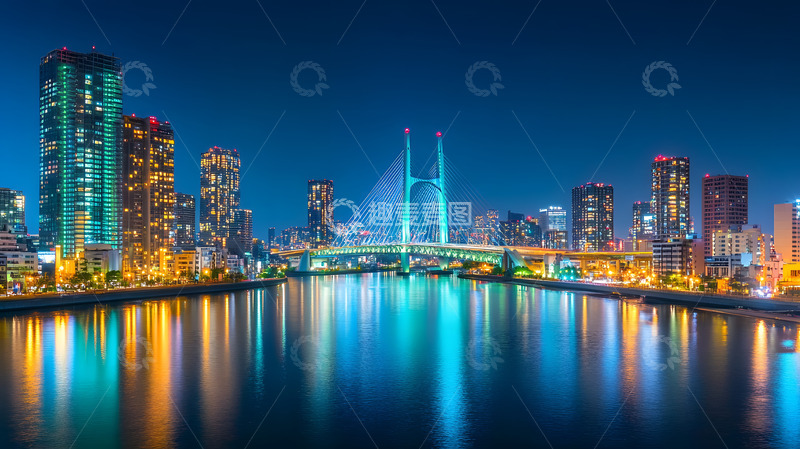 高清大图下载【趣麦麦图】夜晚城市天际线和现代桥梁