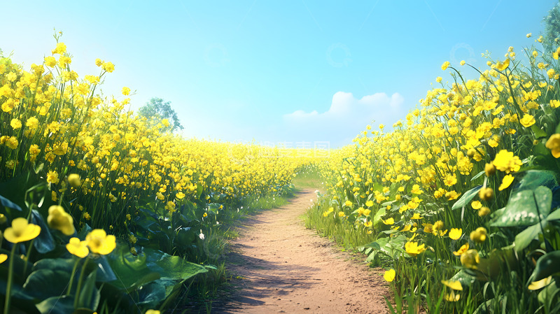油菜花田中的乡村小径
