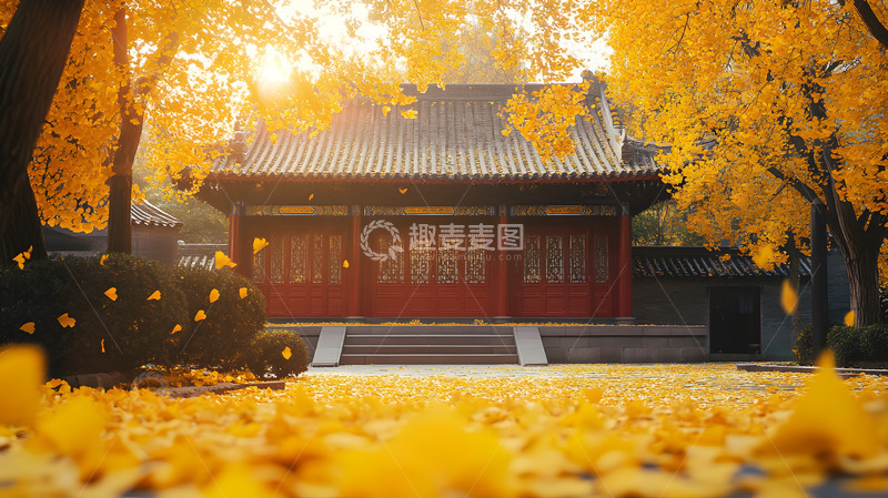 高清大图下载【趣麦麦图】秋日中式建筑与落叶景观