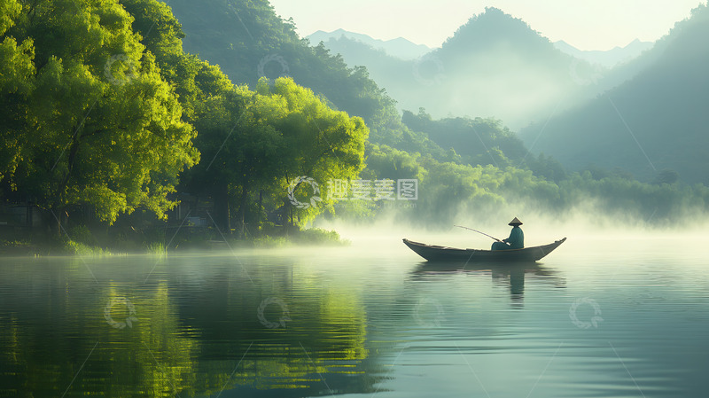 高清大图下载【趣麦麦图】清晨薄雾中的渔人湖景