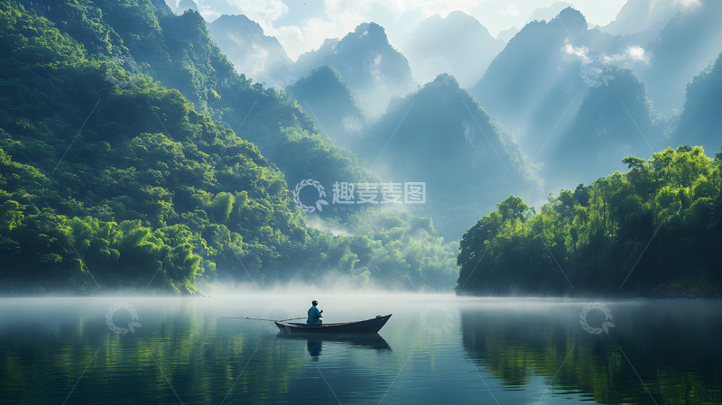 高清大图下载【趣麦麦图】山水晨雾中独行船