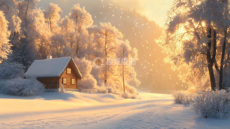 高清大图下载【趣麦麦图】冬日雪景中的木屋