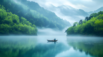 雾中湖面与独舟