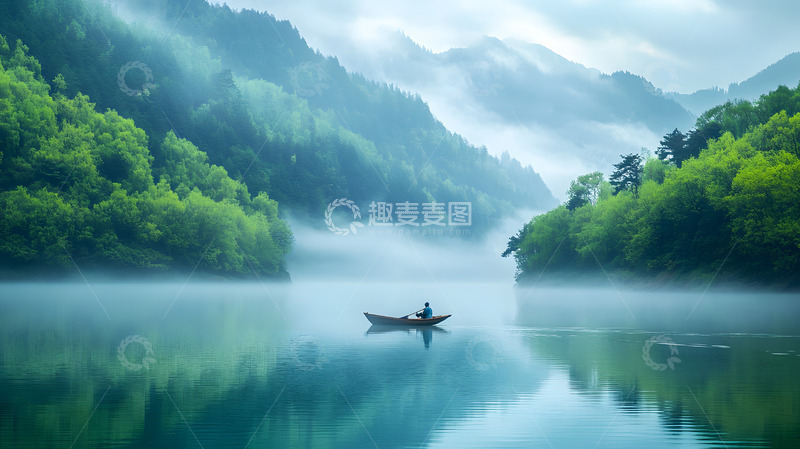 高清大图下载【趣麦麦图】雾中湖面与独舟