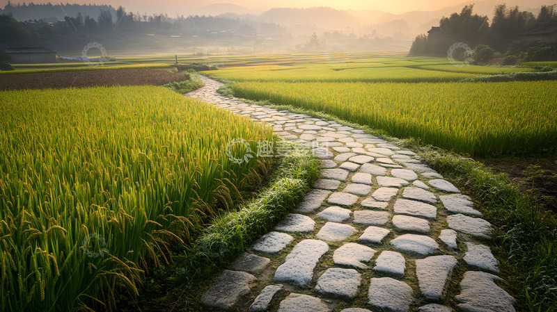 高清大图下载【趣麦麦图】乡村晨雾中稻田的石子路