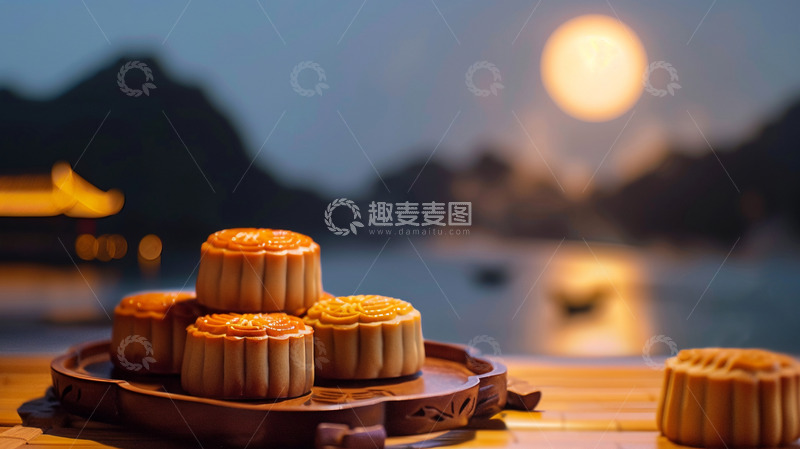 高清大图下载【趣麦麦图】金秋月夜精美月饼
