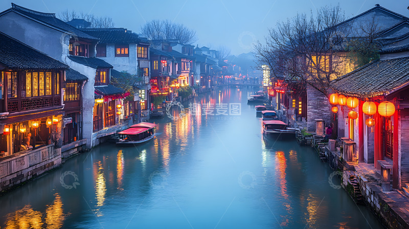高清大图下载【趣麦麦图】夜晚的江南水乡灯火