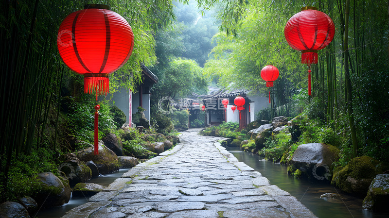 高清大图下载【趣麦麦图】古镇红灯笼石板路