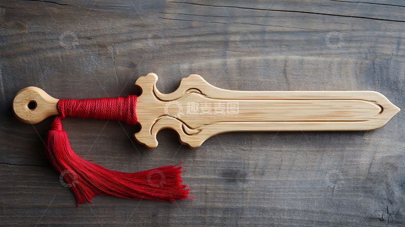 高清大图下载【趣麦麦图】木制仿古剑与红色剑穗装饰