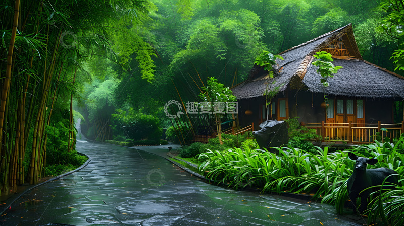 高清大图下载【趣麦麦图】竹林小屋雨后景色