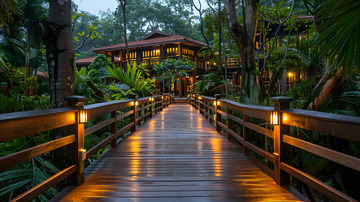 黄昏时分的热带木栈道与灯光映衬的度假别墅