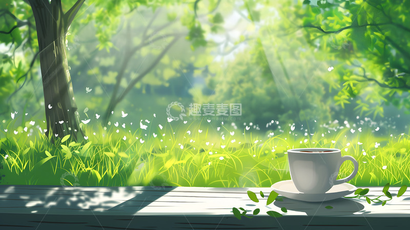 高清大图下载【趣麦麦图】阳光洒落的草地与咖啡杯