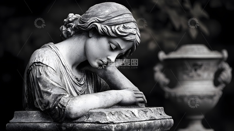 高清大图下载【趣麦麦图】黑白哀思天使雕像