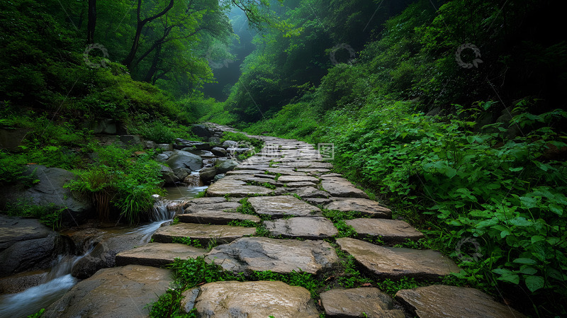 高清大图下载【趣麦麦图】雨中石板小径自然风景