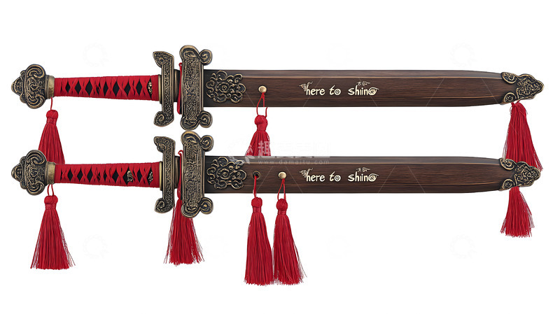 高清大图下载【趣麦麦图】-成对古风木剑与红色流苏装饰