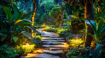 夜晚灯光照亮的热带花园小径