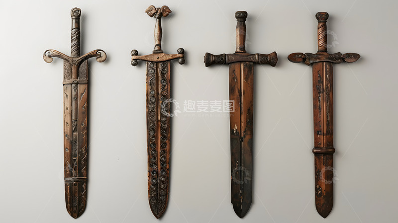 高清大图下载【趣麦麦图】-四把古典木剑工艺品