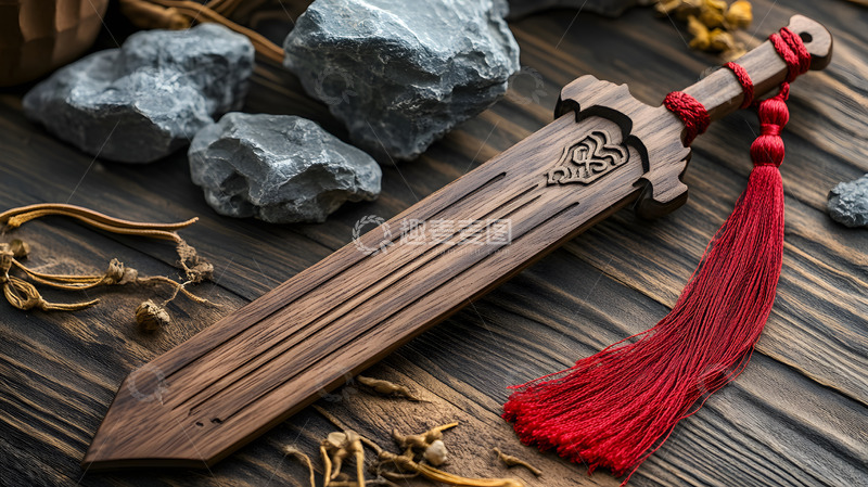 高清大图下载【趣麦麦图】-古风木剑与红色流苏装饰