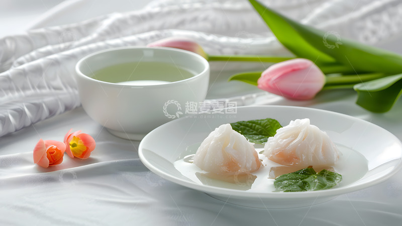 高清大图下载【趣麦麦图】椰汁红豆糕和春季花茶