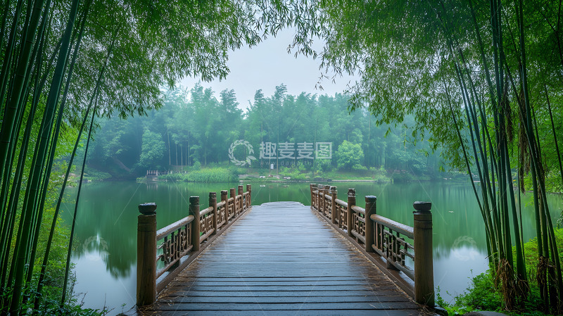 高清大图下载【趣麦麦图】湖中竹林栈道风景