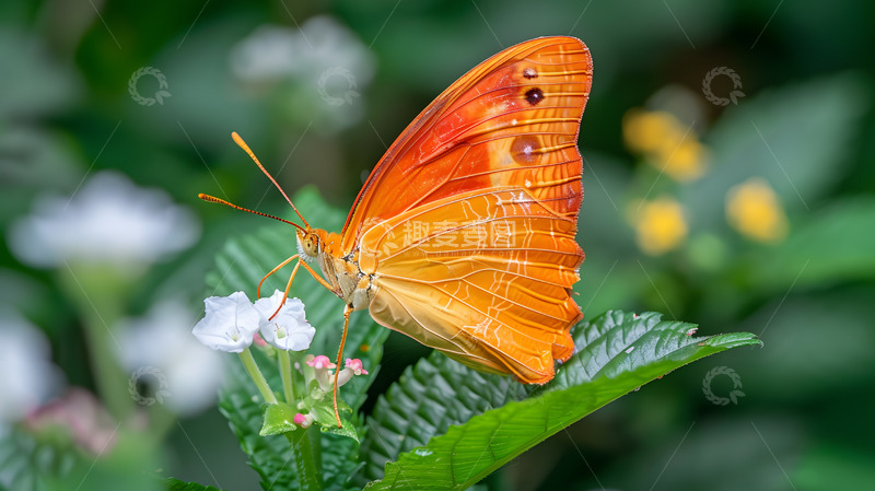 高清大图下载【趣麦麦图】橙色蝴蝶停在花朵上的近拍