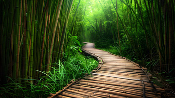绿意盎然的竹林木栈道