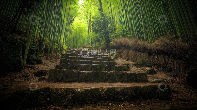 高清大图下载【趣麦麦图】竹林中的石阶小道